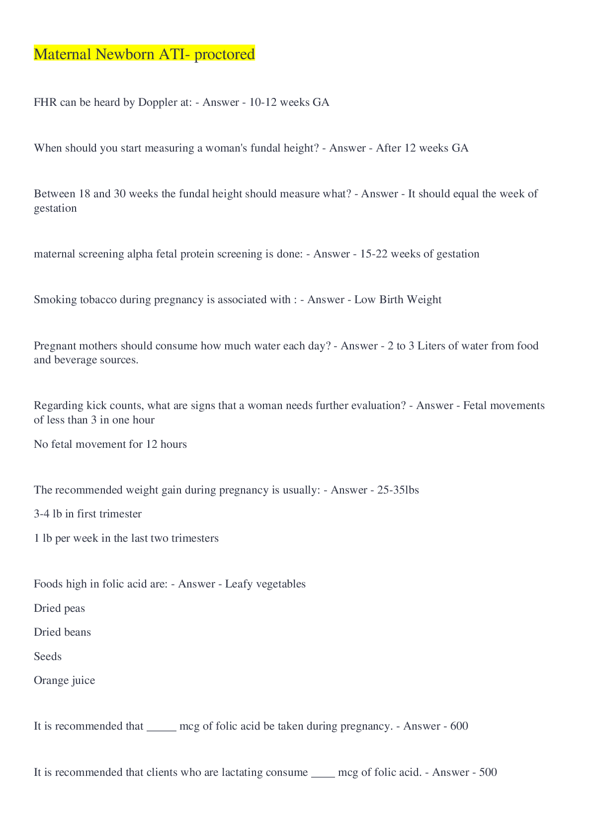 Preview image of Maternal Newborn ATI- proctored document